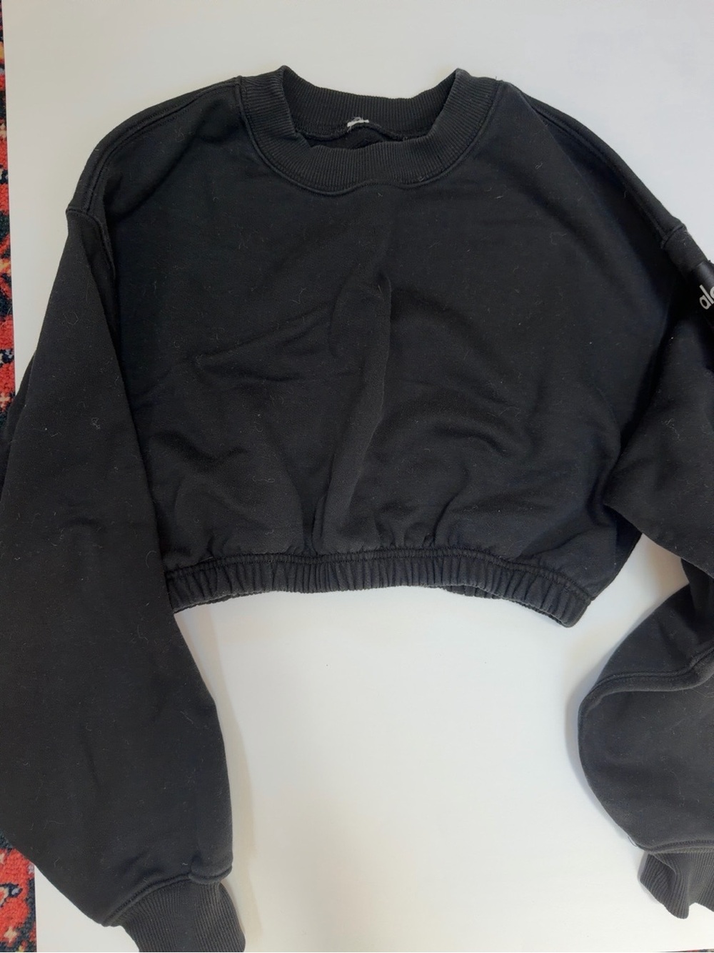 Alo Yoga Black Cropped Crewneck Sweatshirt Balloon Sleeve Size XS/S